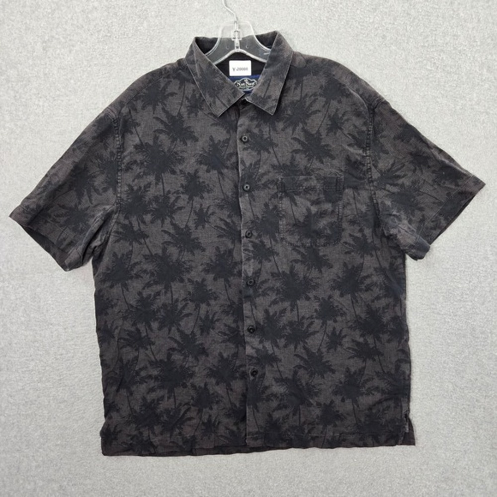 Nat Nast Men Button‎ Up Shirt Large Gray Silk Blend Palm Trees Hawaiian Collar